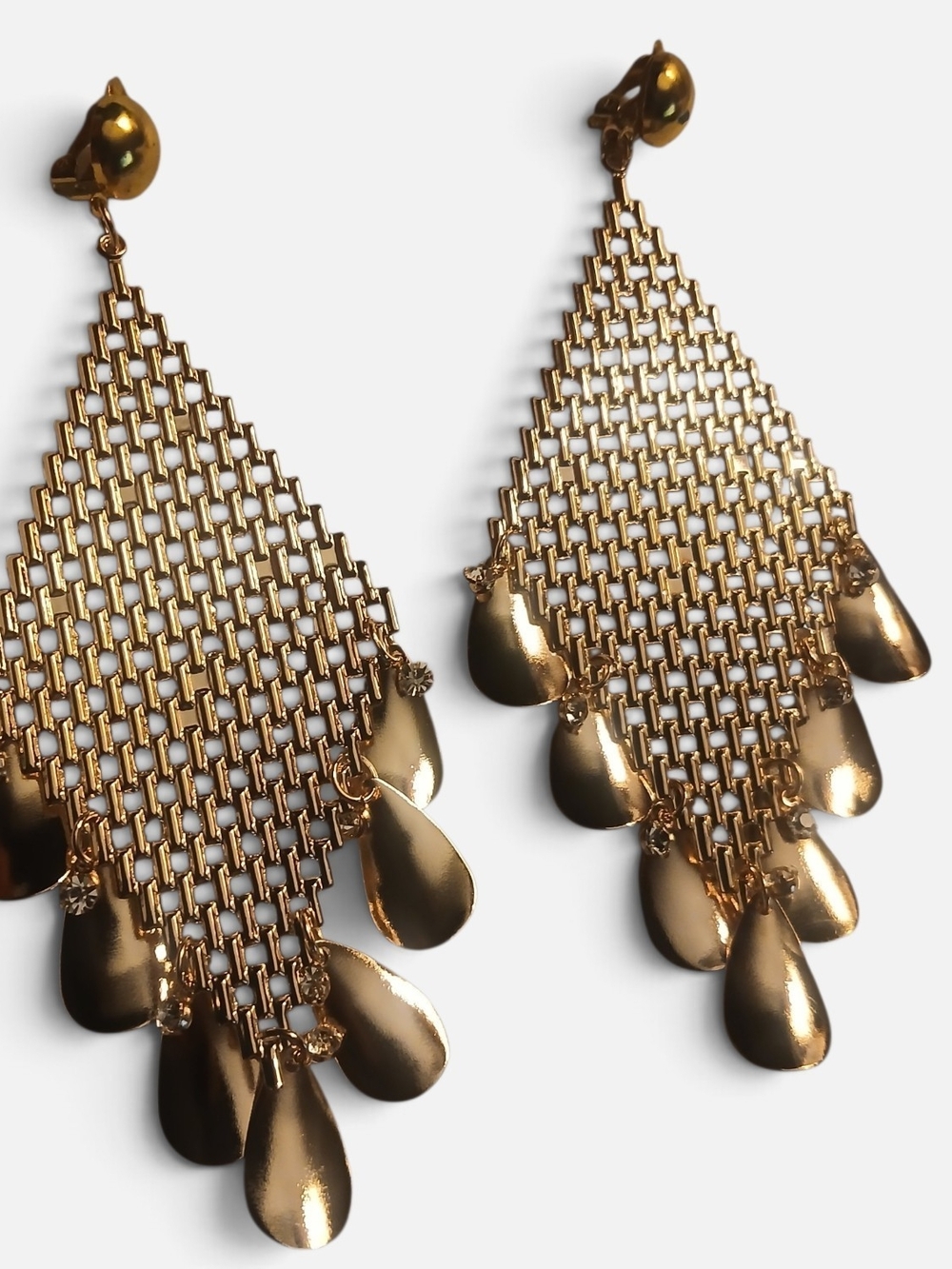 Clip On Gold Teardrop Mesh Dangle Earrings - Women Jewelry